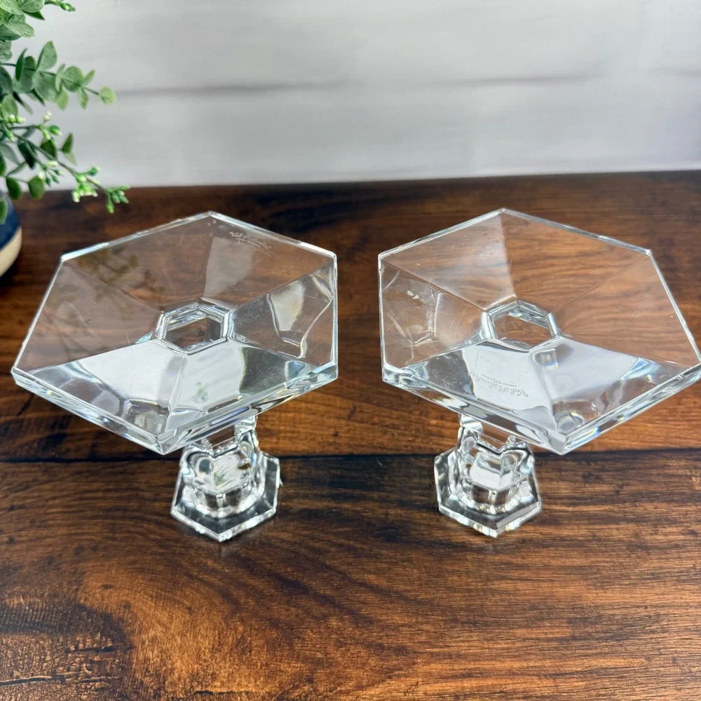 Val St Lambert Crystal Candlestick Holders Pair Hexagonal Base Belgian Glass